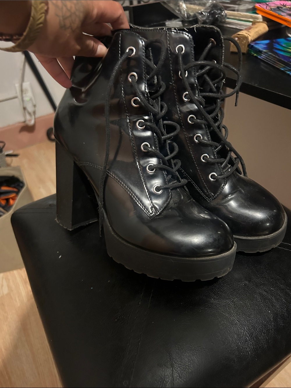Divided Black Lace-Up Platform Ankle Boots